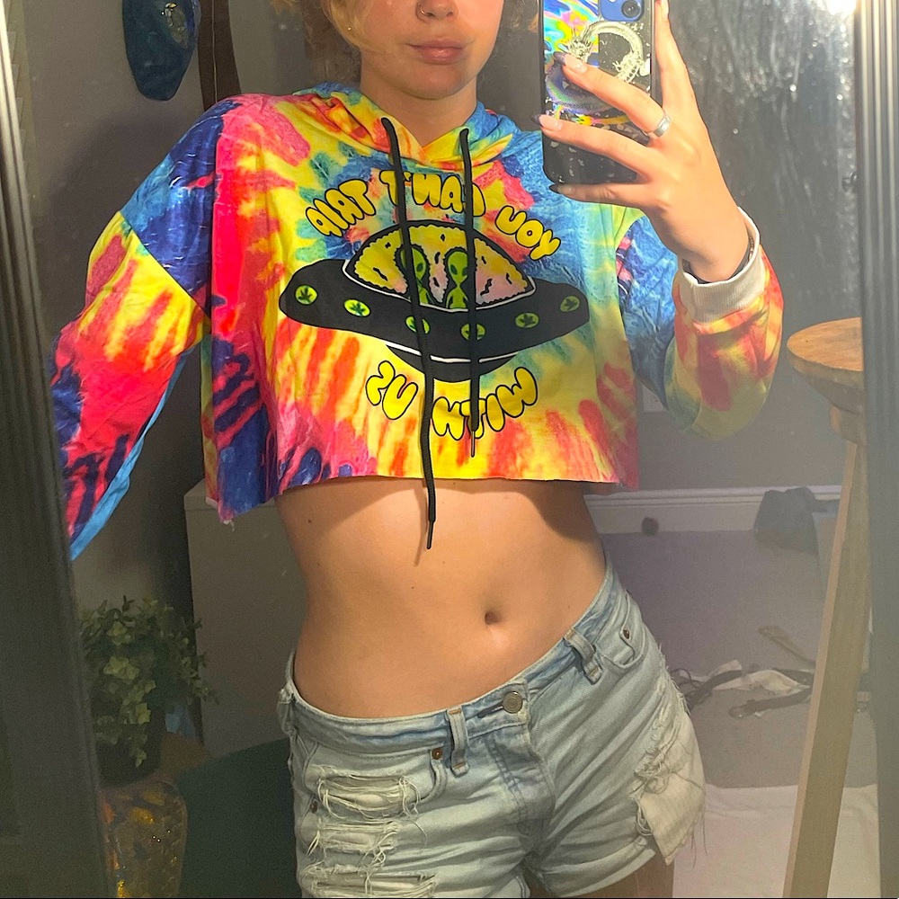 cropped tie dye alien hoodie